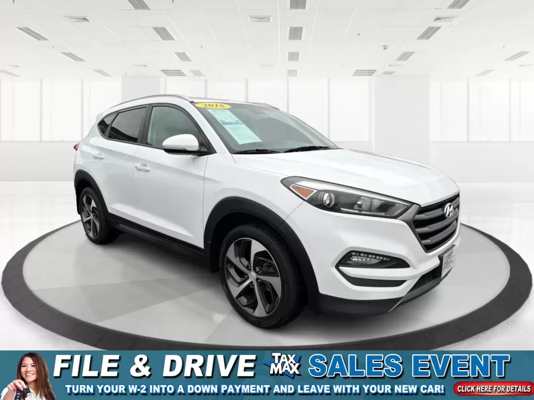 2016 Hyundai Tucson Sport (KM8J3CA26GU) with an 1.6L I-4 gasoline direct injection engine, located at 1230 East Main St, Xenia, OH, 45385, (937) 908-9800, 39.688026, -83.910172 - Discover a world of adventure with the 2016 Hyundai Tucson Sport, the perfect SUV for active families and weekend explorers alike! With its stylish Dazzling White exterior and spacious interior, this vehicle is designed for those who crave both comfort and versatility. Whether you're navigating thro - Photo#0