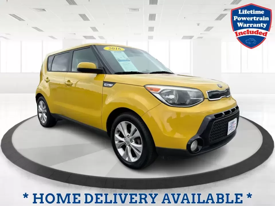 2016 Kia Soul + (KNDJP3A5XG7) with an 2L I-4 gasoline direct injection engine, 6A transmission, located at 401 Woodman Dr, Riverside, OH, 45431, (937) 908-9800, 39.760899, -84.123421 - Busy commute on I-75, quick errands around Riverside, or a weekend run to Carillon Historical Park and the Dayton riverfront-this 2016 Kia Soul + is the kind of small hatchback that fits real life. With its easy-to-park size, flexible cargo area, and standout Solar Yellow paint, it's a smart pick fo - Photo#0